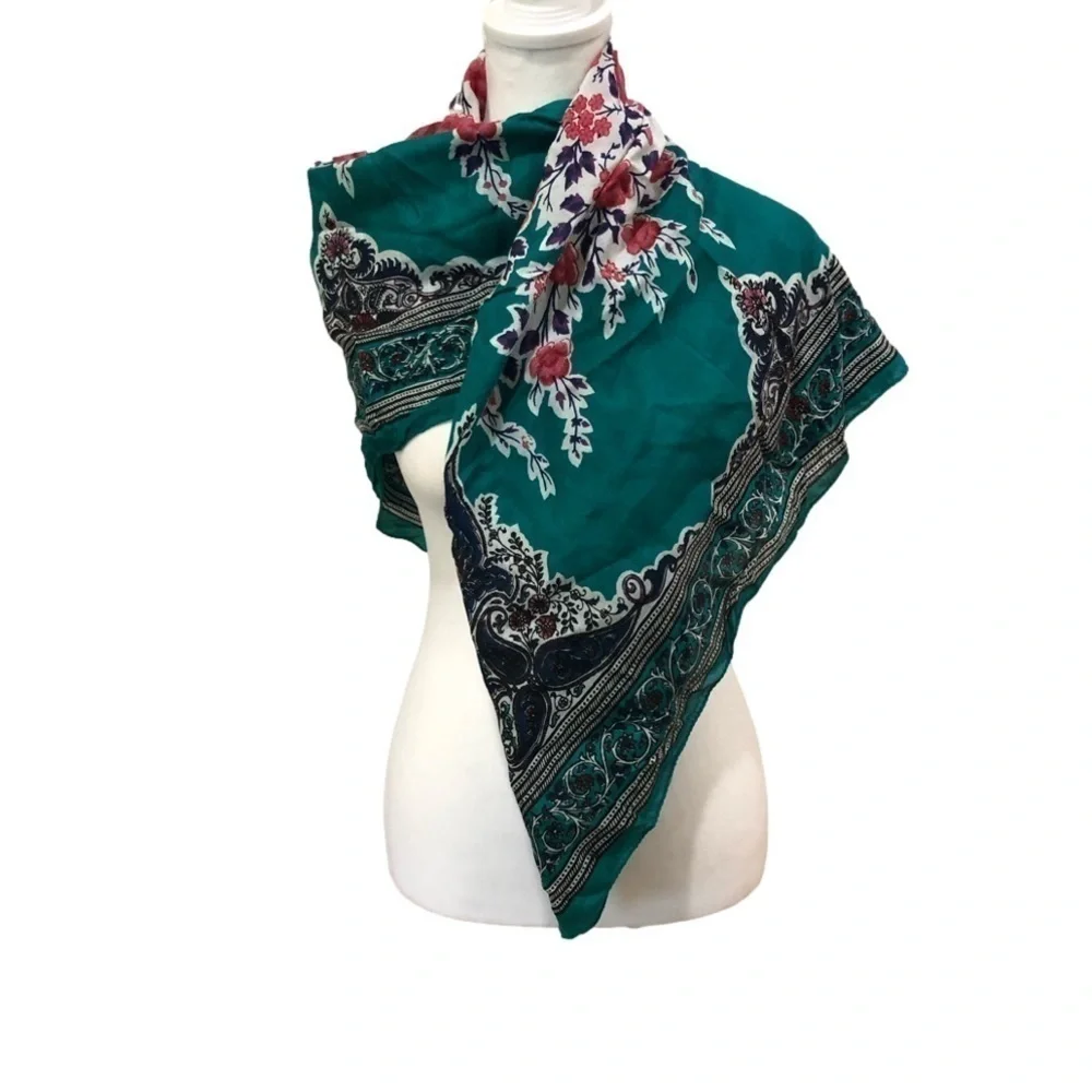 WRAP/SCARF. Floral.  Green with pink flowers and jewel tone paisley edge   OS - Picture 2 of 6